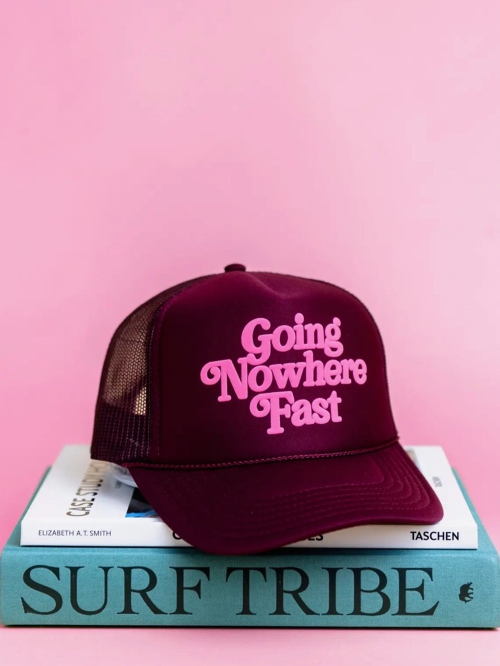 Maroon Trucker Hat with Pink 'Going Nowhere Fast' Script